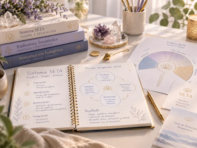 Materiales de formación en Sistema SETA con gráficos terapéuticos, péndulo y cuaderno de estudio