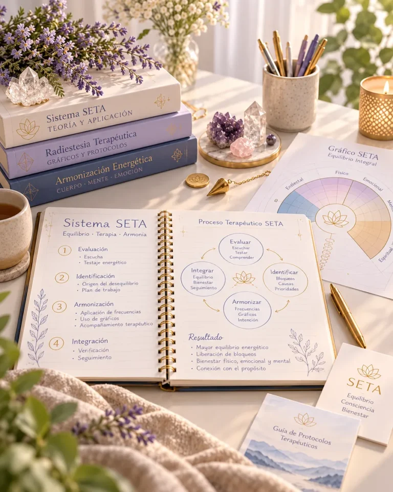 Materiales de formación en Sistema SETA con gráficos terapéuticos, péndulo y cuaderno de estudio.